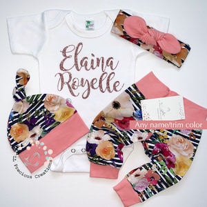 Personalized Any Name Baby Girl Organic Wildflower Newborn Girl Outfit  Baby Girl Coming Home Outfit Euro Print Baby Shower Gift
