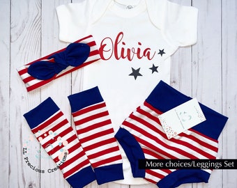Personalized July 4th Outfit Baby Girl Clothes High Waist Bummies Independence Day Baby Boy Outfit Navy Red Stripes and Stars