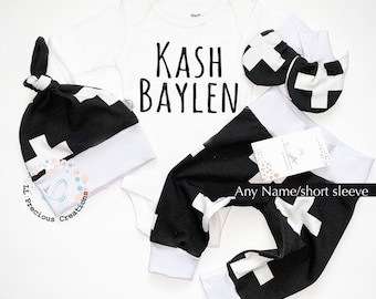 Personalized Coming Home Baby Boy Outfit Newborn Boy Clothes  Baby Boy Leggings Baby Shower Gift Swiss Crosses Outfit Black and White