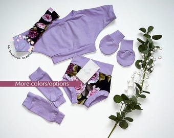 Baby Girl Purple Floral Bummies Crop Top Outfit Baby Gift Coming Home Outfit Baby Shower Gift 1st Birthday Outfit