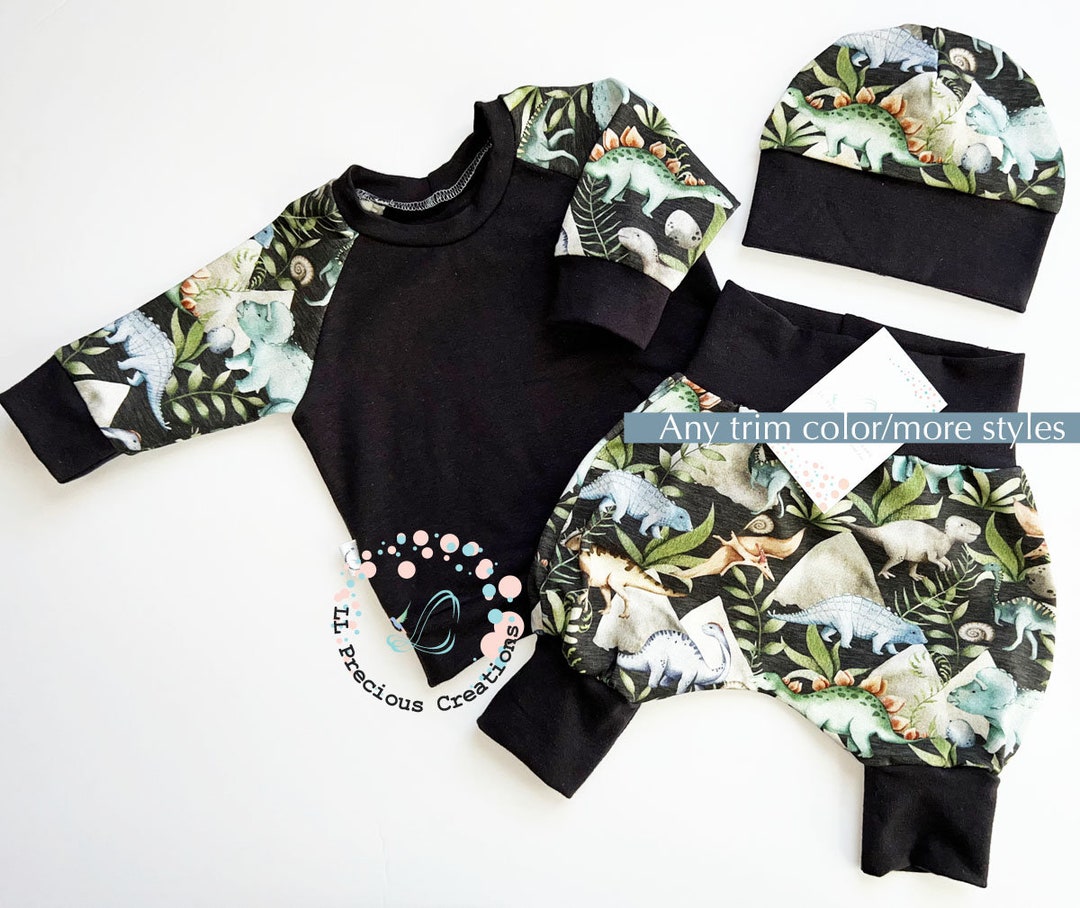 Baby Boy Organic Dinosaur Outfit Harem Pants Outfit Baby Boy Raglan Top