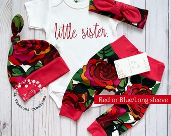 Little Sister Baby Girl Clothes Organic Newborn Girl Outfit Baby Girl Coming Home Outfit Red Blue Floral Rose Euro Print