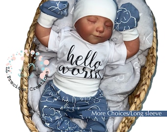 Footed Pants Gender Neutral Outfit Hello World Dusty Blue Elephants Coming Home Outfit Newborn Girl Clothes Baby Boy Set Baby Shower Gift