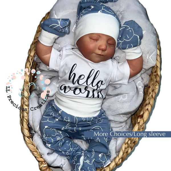 Footed Pants Gender Neutral Outfit Hello World Dusty Blue Elephants Coming Home Outfit Newborn Girl Clothes Baby Boy Set Baby Shower Gift