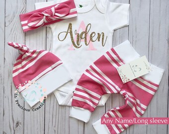 Personalized Baby Girl Coming Home Outfit Newborn Girl Outfit Baby Shower Gift Monogramed bodysuit Pink Stripes Gold glitter