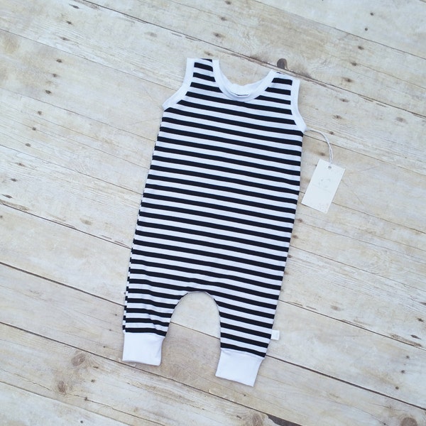 Harem Baby Romper - Jumper - Summer Romper -  Pull On Romper - Snapless Romper - Coverall - Black Stripe Romper - Baby Gift