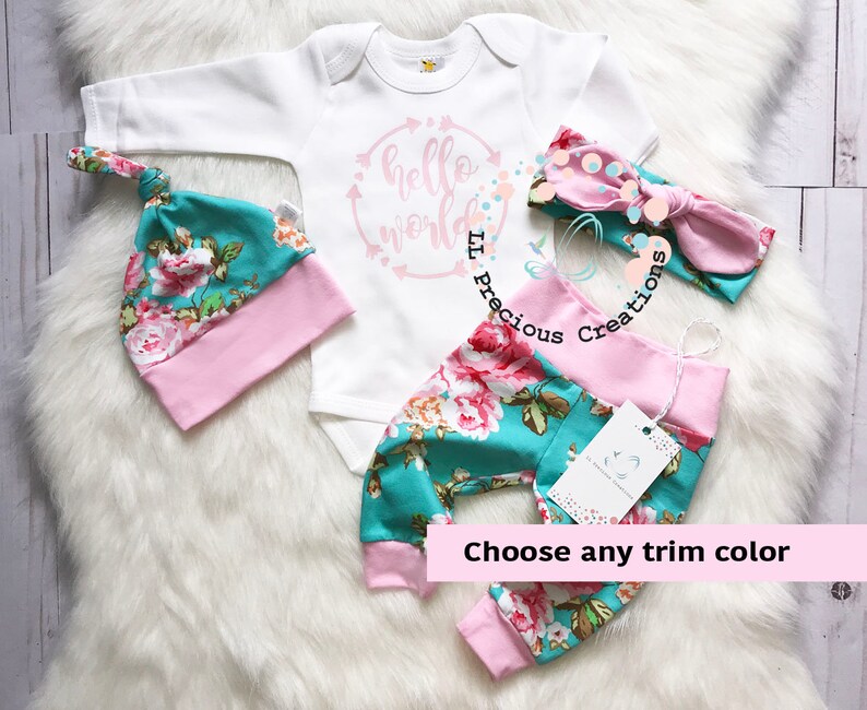 Baby Girl Coming Home Outfit Newborn Girl Hello World Baby Girl Outfit Aqua Pink Floral Outfit Baby Shower Gift image 1