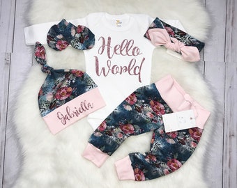 Personalized Hello World Organic Newborn Baby Girl Outfit Baby Girl Coming Home Outfit Pink Blue Floral Euro Print