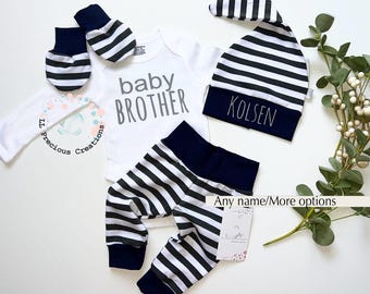 Personalized Baby Brother Coming Home Baby Boy Outfit Baby Shower Gift Black Stripes