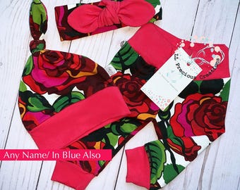 Organic Baby Girl Clothes Baby Shower Gift for Girl Newborn Girl Pants Red Headband Coming Home Outfit Red Floral Outfit Beanie Floral Hat