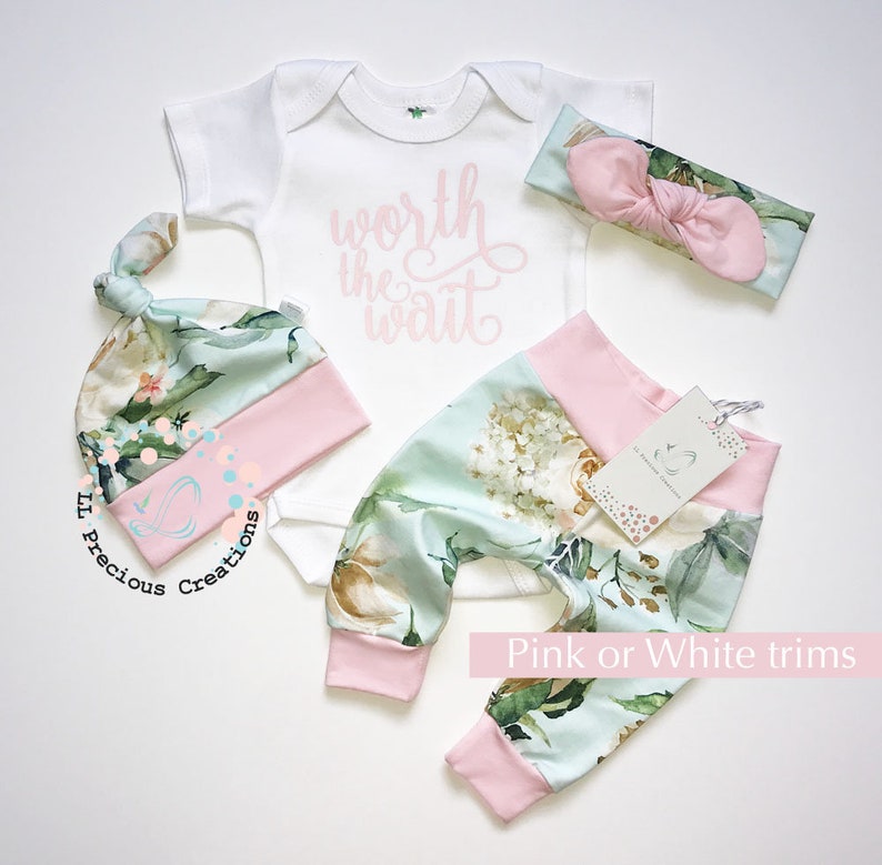 Worth the Wait Baby Girl Clothes Newborn Girl Outfit Coming Home Outfit Mint Pink Floral Baby Shower Gift Mom to Be Gift
