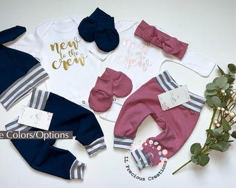 Twins New to the Crew Matching Outfits Newborn Coming Home Outfit Set Baby Shower Gift Any COLOR