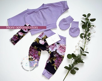 Baby Girl Purple Floral Crop Top Leggings Outfit Baby Gift Coming Home Outfit Baby Shower Gift 1st Birthday Outfit