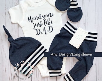 Handsome Just like Dad Coming Home Baby Boy Outfit Boy Clothes Baby Shower Gift Blue Navy Outfit