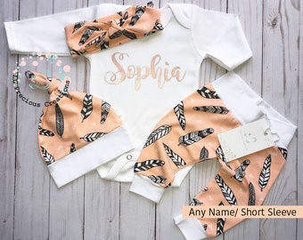 Ready to Ship Personalized Newborn Girl Outfit Baby Girl Coming Home Outfit Peach Feathers Outfit Ready To Ship
