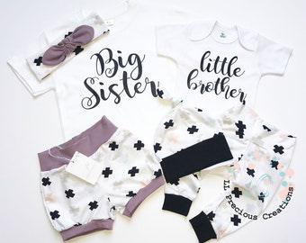 Siblings Coming Home Outfit Newborn Baby Boy Clothes Little Brother Big Sister Matching Outfits Bloomers Twins Swiss Cross