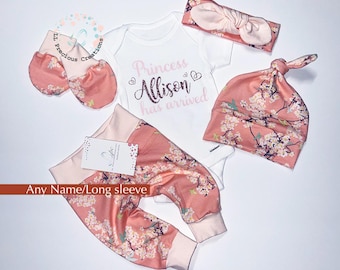 Personalized Baby Girl Outfit Coming Home Outfit Pink Floral Outfit Baby Personalized Baby Gift