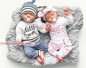 Twin Little Sister Little Brother Outfits Newborn Outfit Baby Outfits Coming Home Twin Boy Girl Set Pink Stripes Blue Grey Stripes Any Color