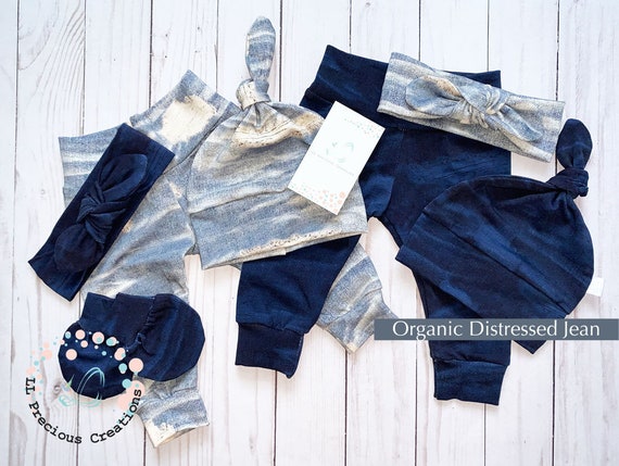Baby Boy Outfit Little Mister Coming Home Newborn Boy Clothes Organic  Distressed Denim Baby Boy Leggings Top Knot Hat Baby Shower Gift 