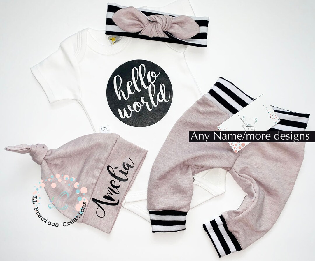 Personalized Outfit Hello World Newborn Coming Home Outfit Baby Girl ...