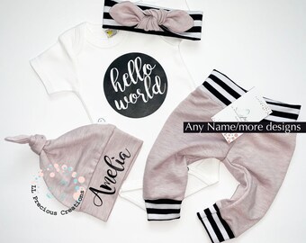 Personalized Outfit Hello World Newborn Coming Home Outfit Baby Girl Clothes Unisex Baby Outfit New to the Crew French Terry