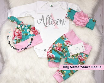 Baby Girl Coming Home Outfit  Newborn Girl Outfit Personalized Baby Girl Outfit Aqua Pink Floral Outfit Baby Shower Gift Monogramed