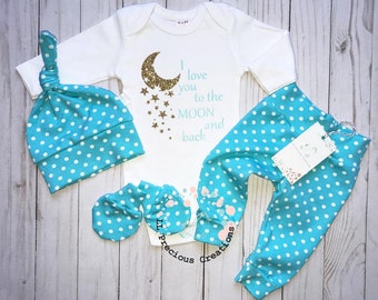 Gender Neutral Newborn Baby Outfit Coming Home Outfit Newborn Baby Girl Outfit Boy Clothes Baby Shower Gift Blue Polka Dots