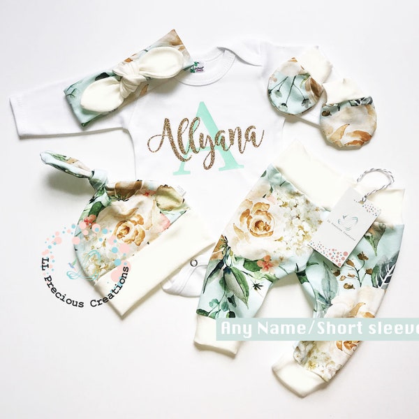 baby girl clothes newborn girl outfit personalized coming home outfit mint floral monogramed outfit gold glitter