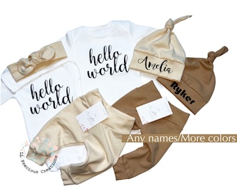Twin Hello World Personalized Outfits, Newborn Baby Outfit, Coming Home Twin Outfits, Gender Neutral Set, CHOOSE COLOR