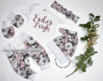 Organic Pink Floral Personalized Baby Girl Outfit Coming Home Outfit Baby Shower Gift