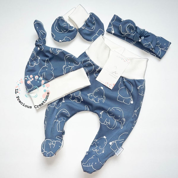 Footed baby pants Baby coming home outfit Dusty blue elephants Newborn baby outfit Baby shower gift Photo prop Footsie Set