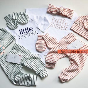 Little Sister Brother Matching Twins Outfits Newborn Outfit Baby Boy Outfit Baby Girl Outfit Coming Home Twin Boy Girl Teal Stripes
