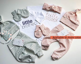 Little Sister Brother Matching Twins Outfits Newborn Outfit Baby Boy Outfit Baby Girl Outfit Coming Home Twin Boy Girl Teal Stripes