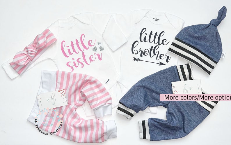 Twin Little Sister Little Brother Outfits Newborn Outfit Baby Outfits Coming Home Twin Boy Girl Set Pink Stripes Blue Grey Stripes Any Color image 3