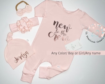 Pull on Romper Personalized Baby Jumper Any Color New to the Crew Coming Home Outfit Baby Shower Gift Baby Harem Romper Coverall Bow