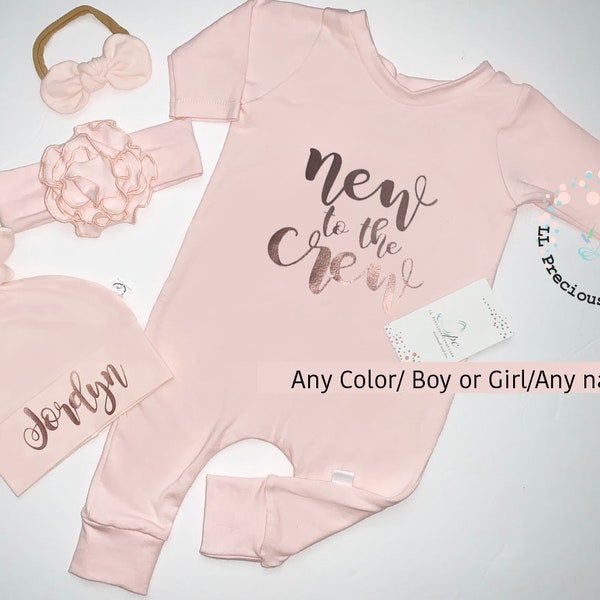 Pull on Romper Personalized Baby Jumper Any Color New to the Crew Coming Home Outfit Baby Shower Gift Baby Harem Romper Coverall Bow
