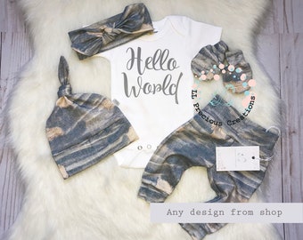 Organic Baby Coming Home Outfit Gender Neutral Newborn Outfit Hello World Outfit Baby Boy Girl Outfit  Distressed Jean Outfit Euro Print
