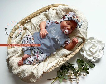 Personalized Organic Wildflower Baby Girl Grey Outfit Set Baby Shower Gift