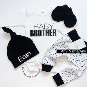 Baby Brother Personalized Outfit Organic Newborn Set Newborn Boy Clothes Baby Shower Gift  Photo Prop Black and White Polka Dot
