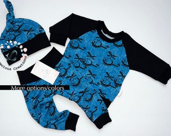Baby Boy Helicopter Organic Outfit Jogger Pants Outfit Baby Boy Raglan Top Coming Home Outfit Baby Boy Top Sweater Knot Hat