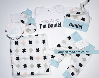 Coming Home Personalized Baby Boy Outfit Gender Neutral Newborn Baby Outfit Swaddle Blanket Baby Shower Gift Mittens Swiss Crosses