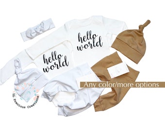 Twin Hello World Outfits Newborn Outfit Gender Neutral Outfit Coming Home Twin Boy Girl Set CHOOSE YOUR COLOR