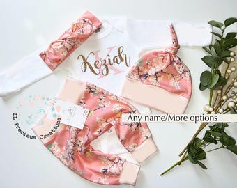 Personalized Baby Girl Coming Home Outfit Pink Floral Personalized Baby Gift