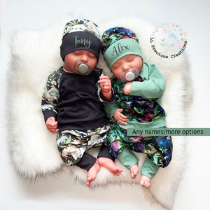 Twin Brothers Organic Matching Personalized Dinosaur Outfits Baby Twin Boys Raglan Top Newborn Baby Coming Home Twin Boys Baby Gift