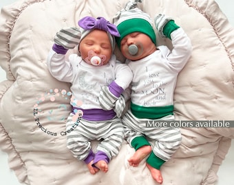 Twin Boy Girl Outfits Newborn Baby Outfits Coming Home Twin Boy Girl Clothes Love to the Moon Grey stripes Baby Shower Outfit Baby Leggings