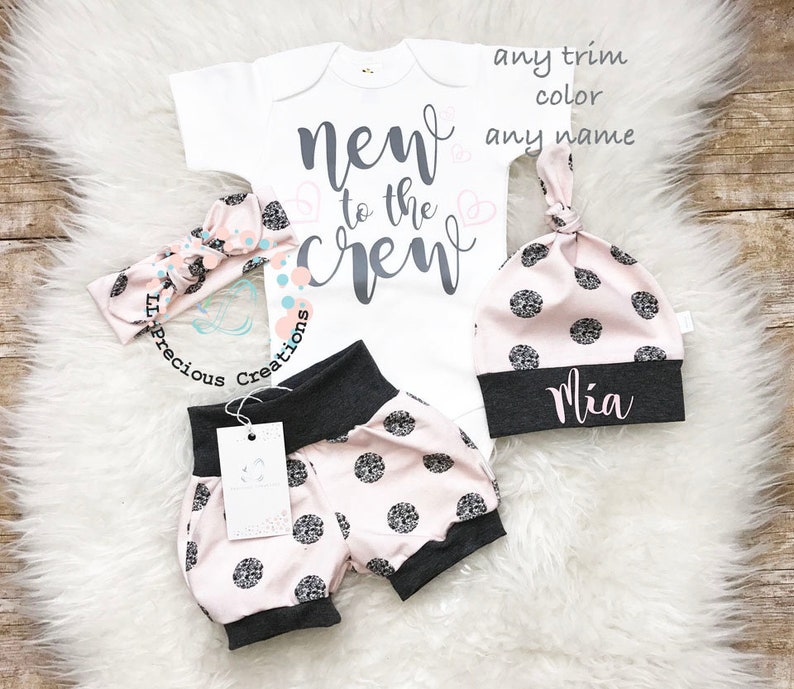 New to the Crew Baby Girl Outfit Newborn Girl Outfit Shorts Outfit Bloomers Photo Prop Polka Dot Pink Grey Shorts Baby Girl Clothes