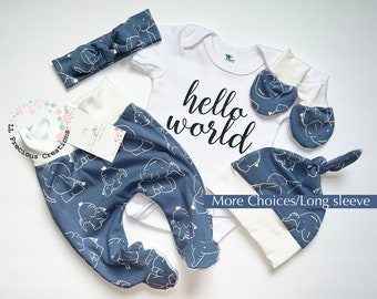 Coming Home Outfit Footie Gender Neutral Outfit Hello World Dusty Blue Elephants Newborn Girl Clothes Baby Boy Set Baby Shower Gift