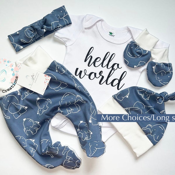 Coming Home Outfit Footed Pants Gender Neutral Outfit Hello World Dusty Blue Elephants Newborn Girl Clothes Baby Boy Set Baby Shower Gift