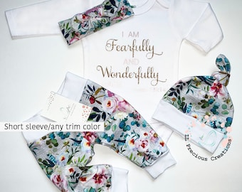 Fearfully and Wonderfully made Floral baby outfit Coming home baby outfit Newborn baby girl clothes Baby shower gift