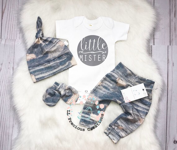 Baby Boy Outfit Little Mister Coming Home Newborn Boy Clothes Organic  Distressed Denim Baby Boy Leggings Top Knot Hat Baby Shower Gift 